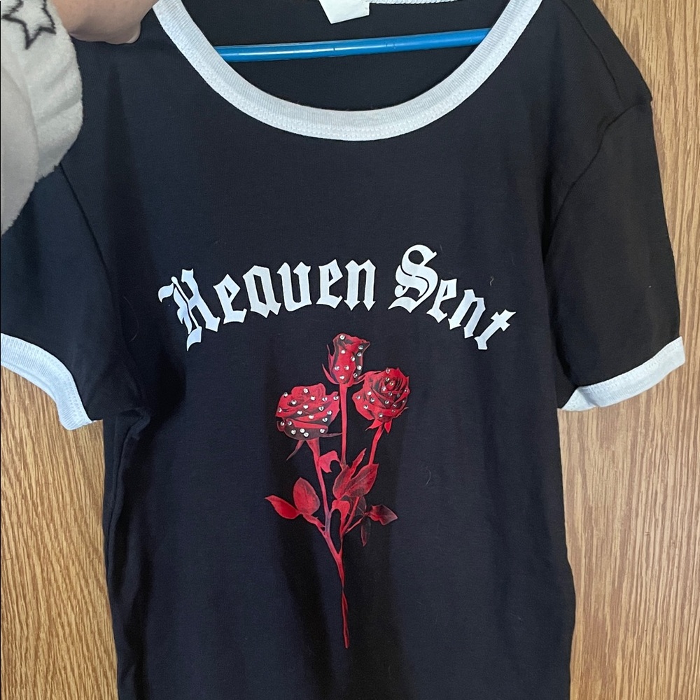 Black T-Shirt with Red Rose Graphic